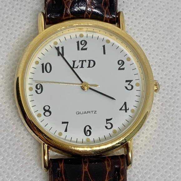 Vintage LTD men gold tone watch 33mm quartz analog brown leather running - Picture 3 of 8